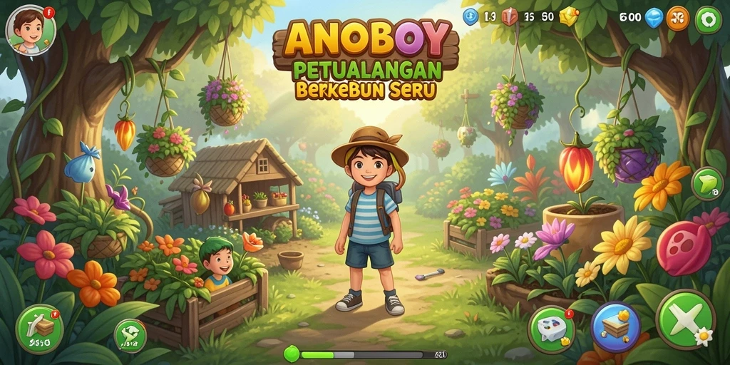 Tangkapan layar gameplay ANOBOY menunjukkan pengalaman berkebun yang menyenangkan.