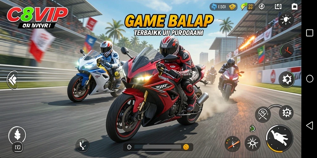 Screenshot menunjukkan aksi balapan motor cepat dan mendebarkan di C8VIP.