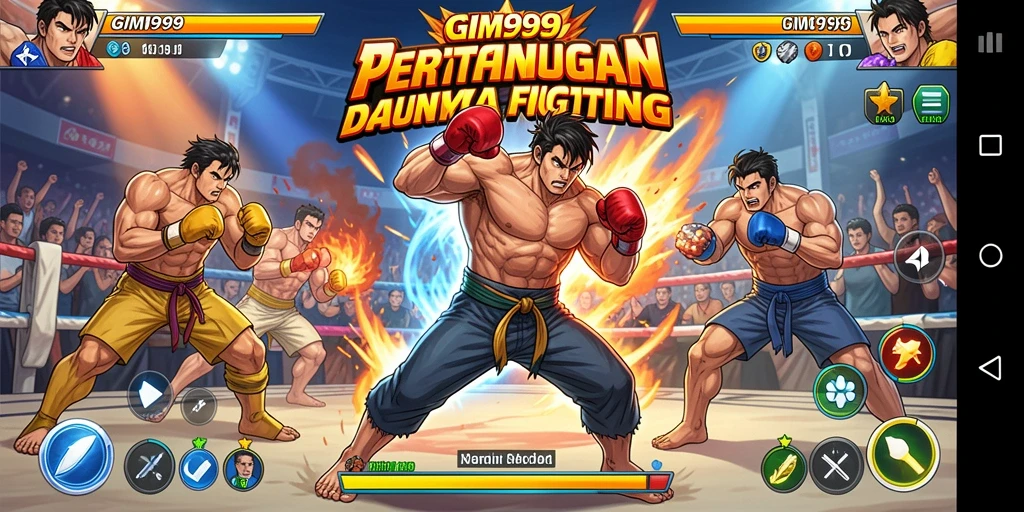 Screenshot GIM999 menunjukkan grafik pertarungan yang mendebarkan.