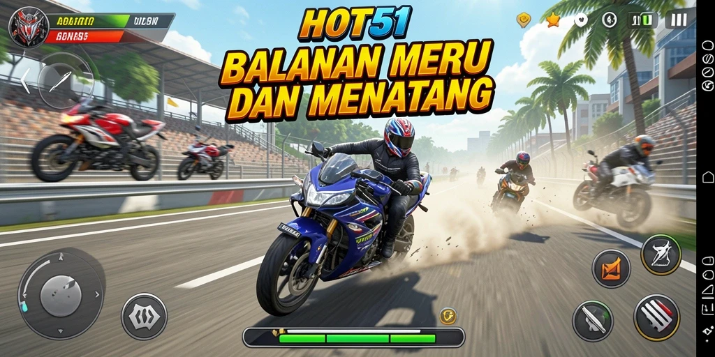 Gameplay seru balapan motor HOT51 dengan trek menantang.