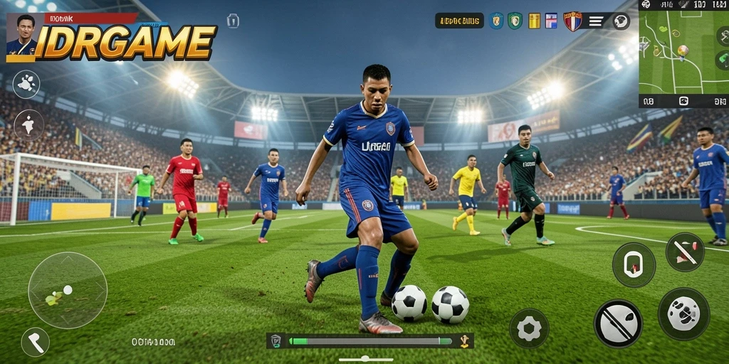 Screenshot gameplay IDRGAME menampilkan aksi seru permainan sepak bola.
