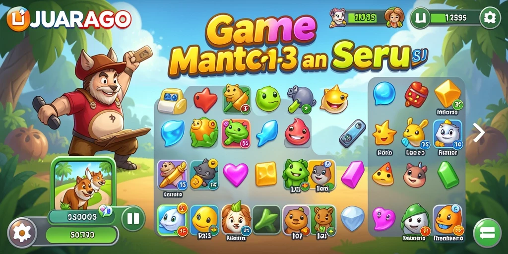 Tangkapan layar gameplay JUARAGO dengan elemen Match-3 yang cerah.
