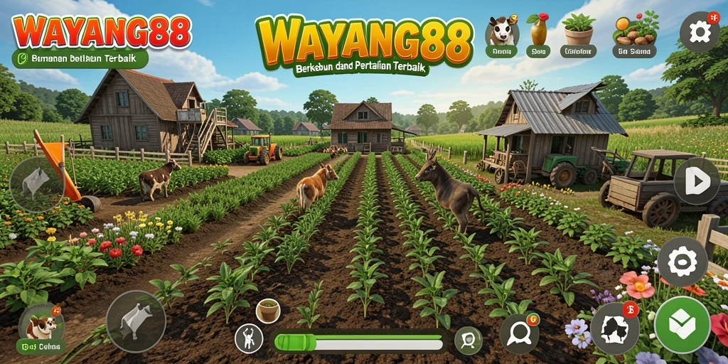 Screenshot gameplay <strong>WAYANG88</strong> menunjukkan ladang indah dan aktivitas bertani.