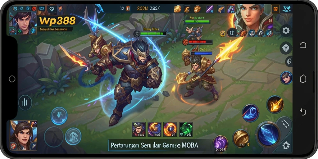 Screenshot gameplay WP888 menunjukkan aksi seru dalam pertandingan MOBA.